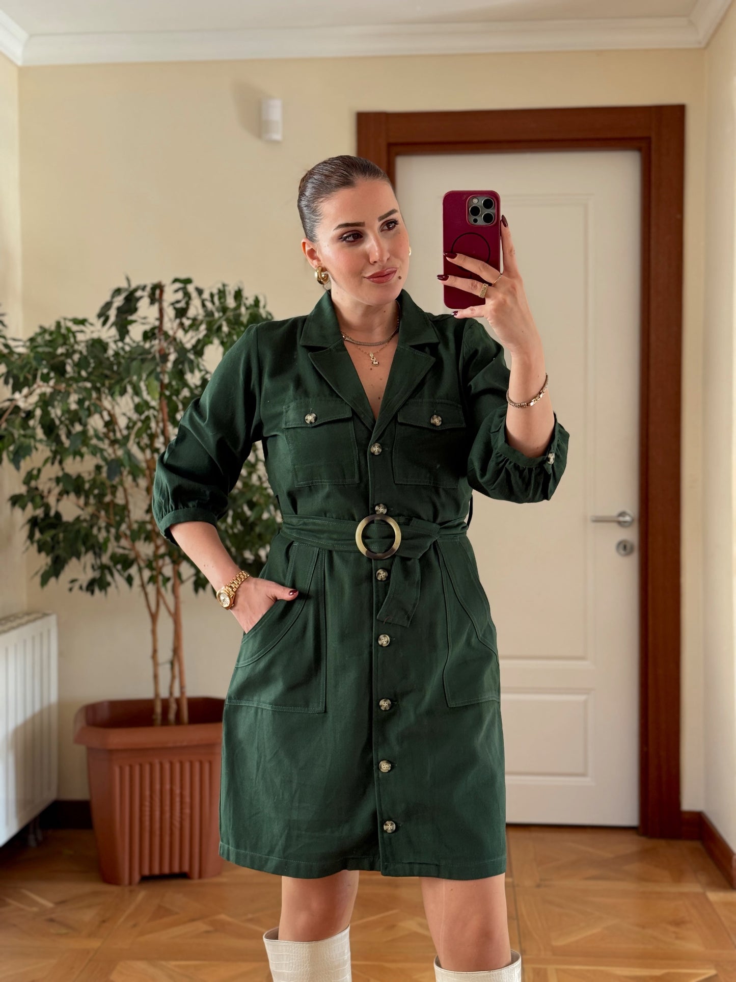 Kruvaze yaka cepli full düğme elbise-YEŞİL