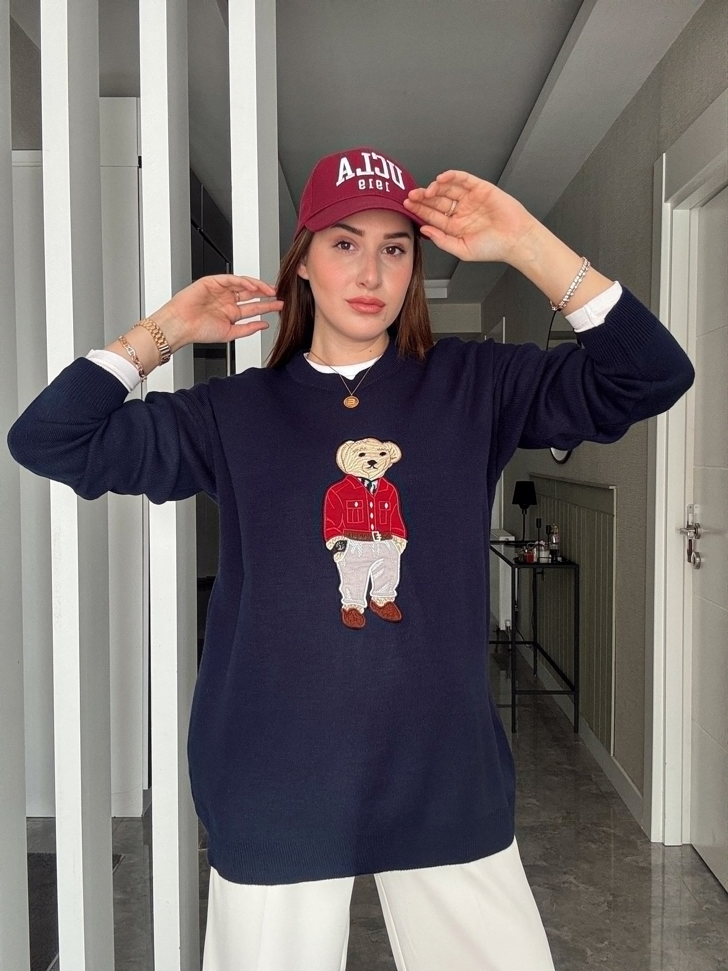 Oversize Ayıcık İşlemeli Kazak LACİVERT