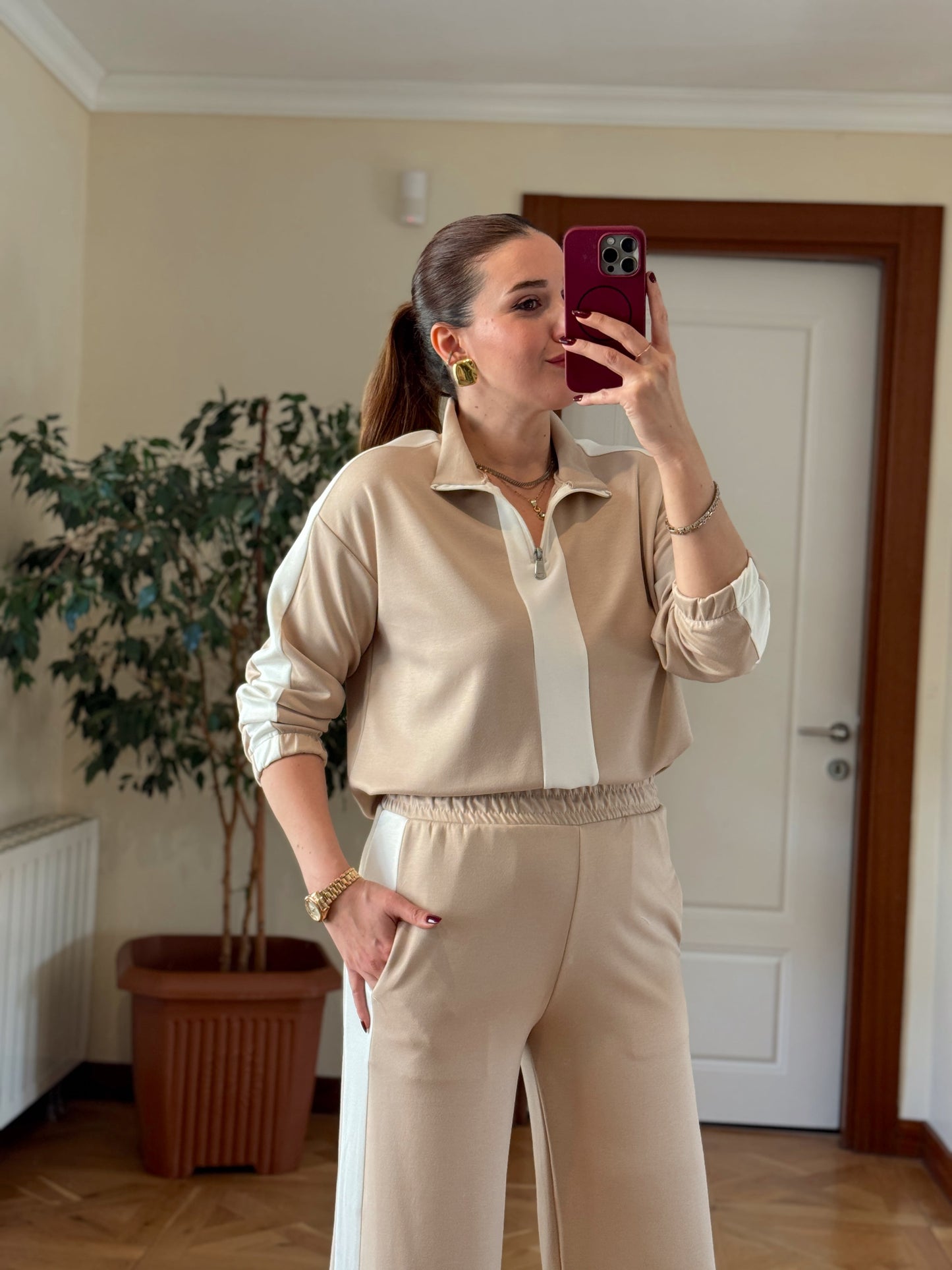 Yarım Fermuarlı Modal Takım Bej