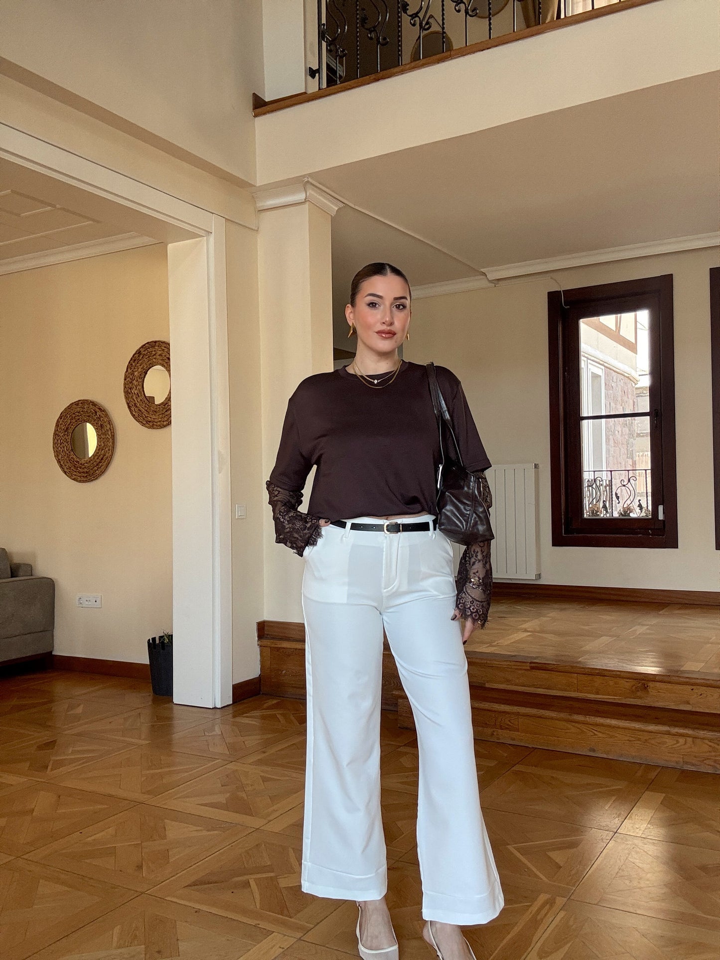 Kemerli premium kumaş pantolon Beyaz