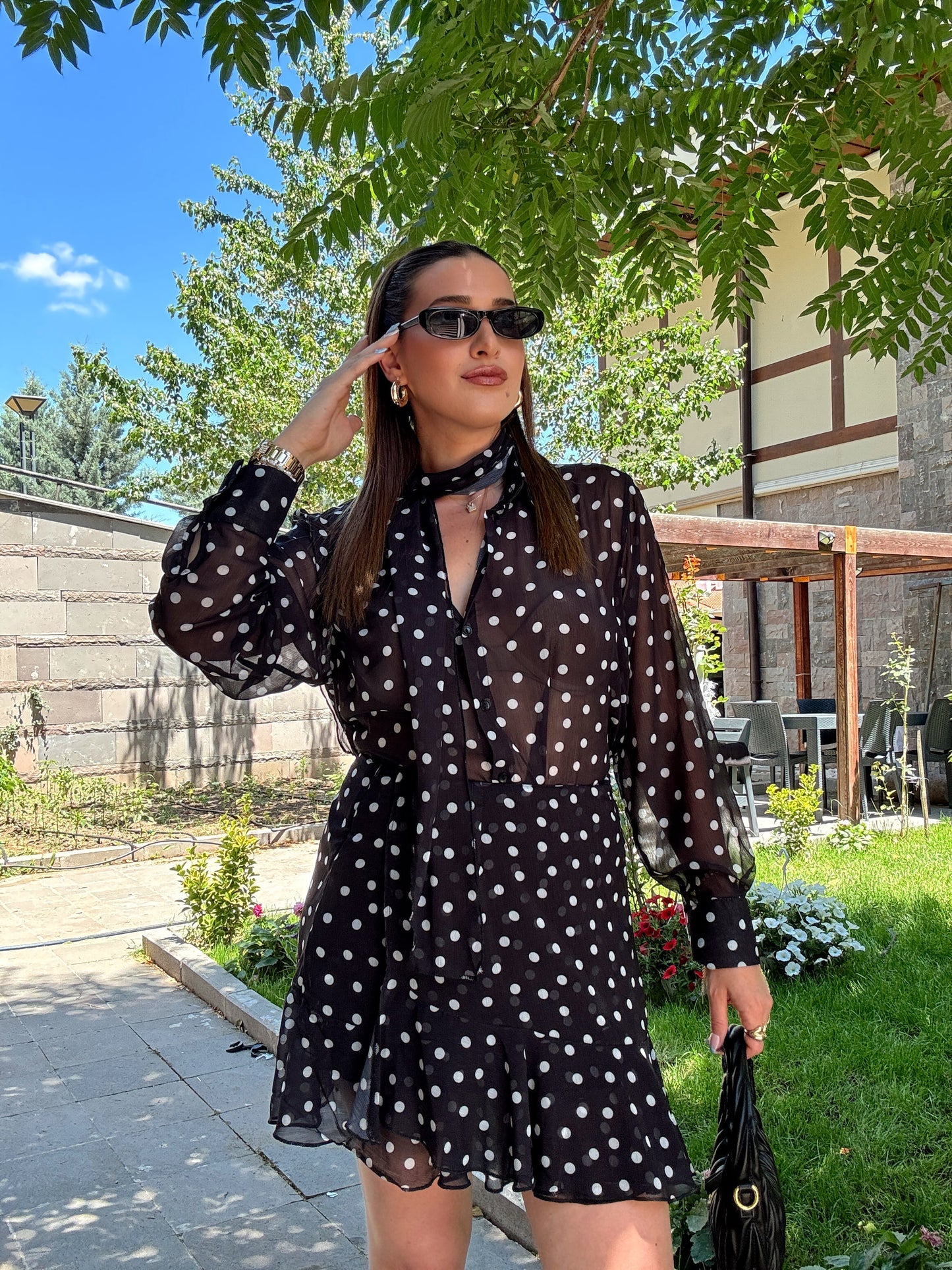 Puantiye desenli fularlı takım Siyah