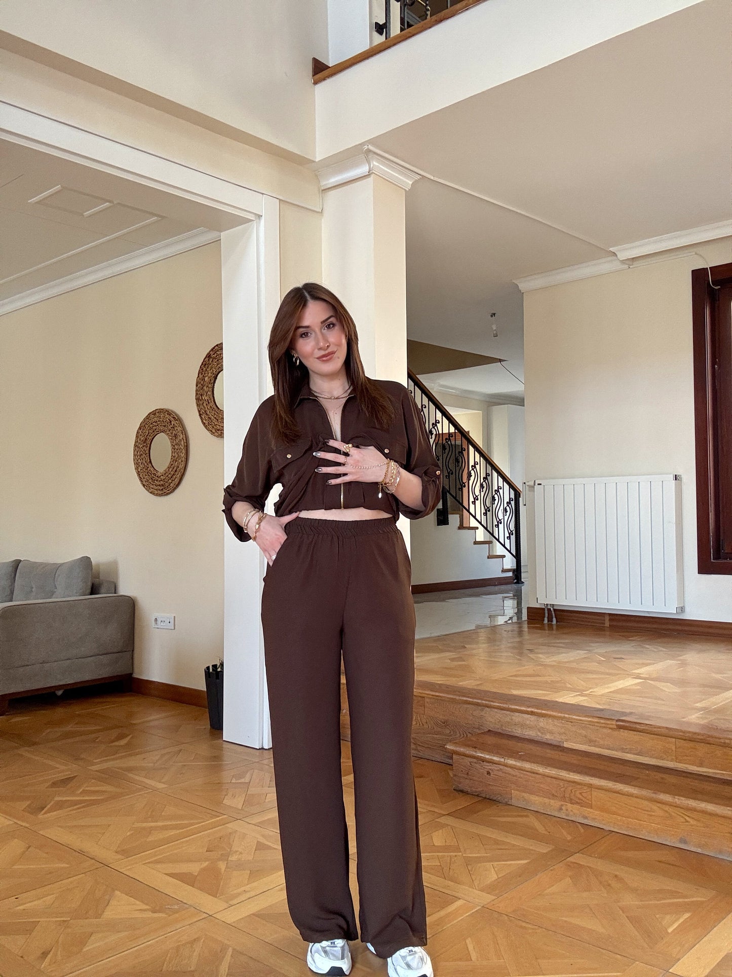 Tensel kumaş Gold Fermuarlı Kuşaklı Takım-KAHVERENGİ