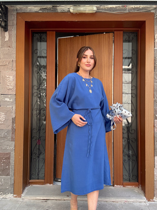 Bağlama Model Cupra bel Kuşaklı Yarasa Kol elbise Mavi