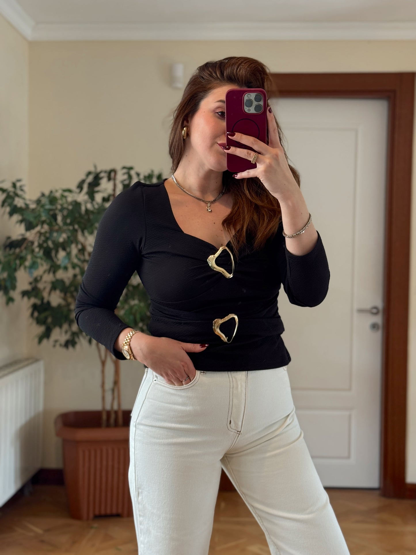 Çift tokalı bluz-SİYAH