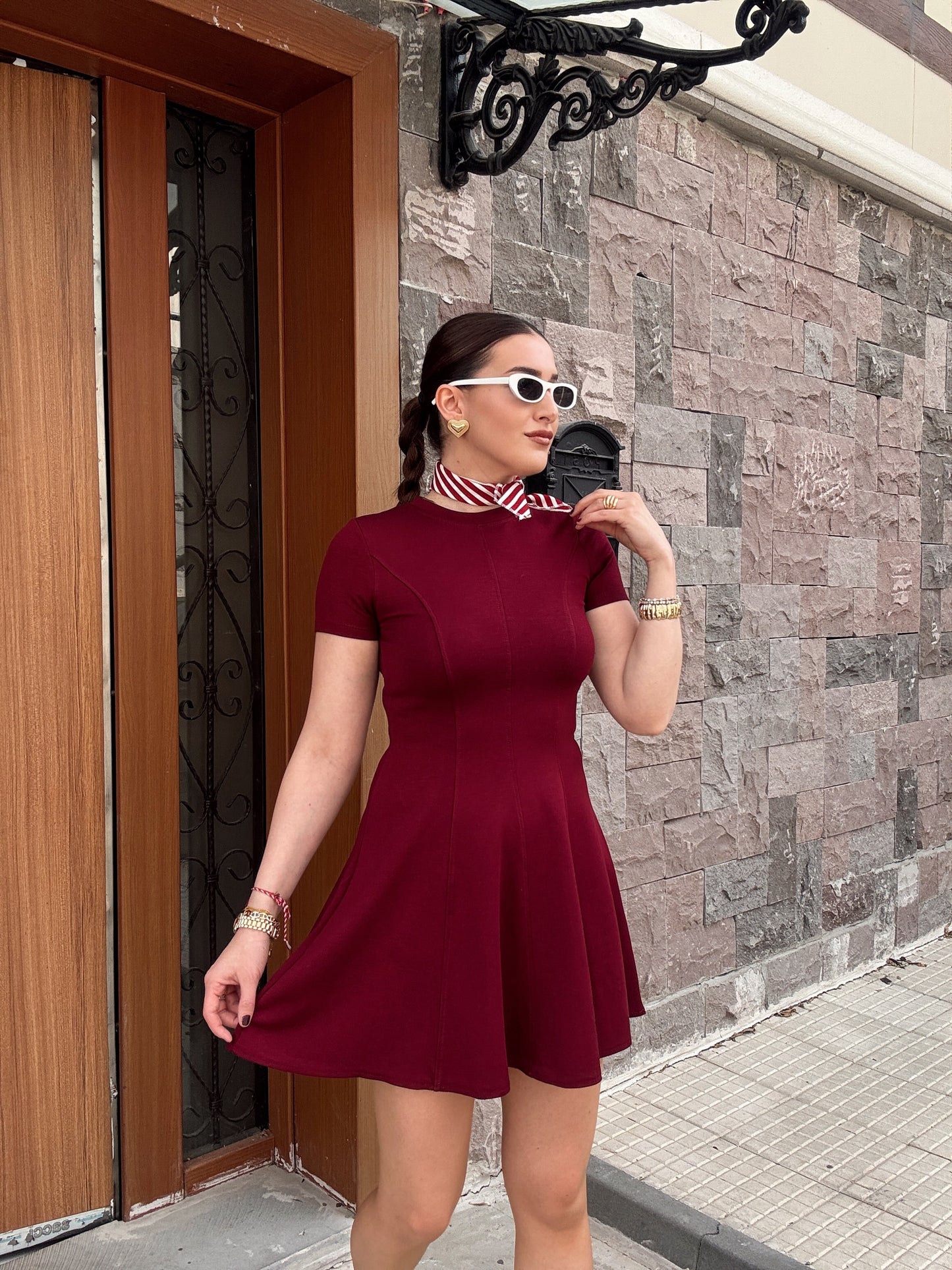 Biyeli volanlı basic elbise BORDO