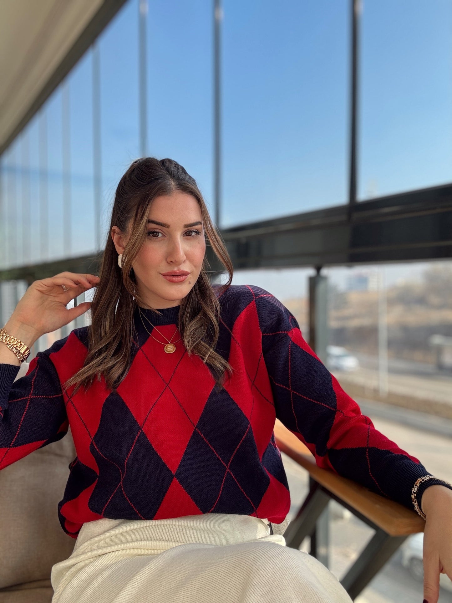 Pike Örgü Baklava Desenli Kazak KIRMIZI