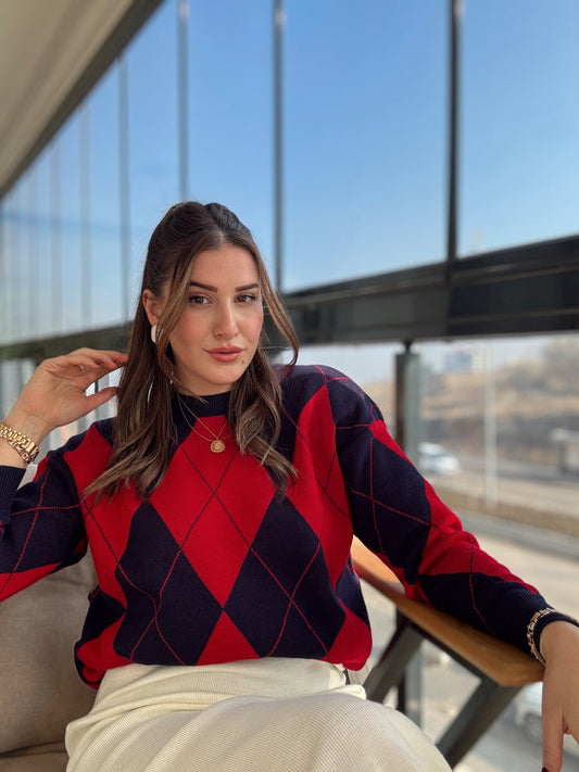 Pike Örgü Baklava Desenli Kazak KIRMIZI