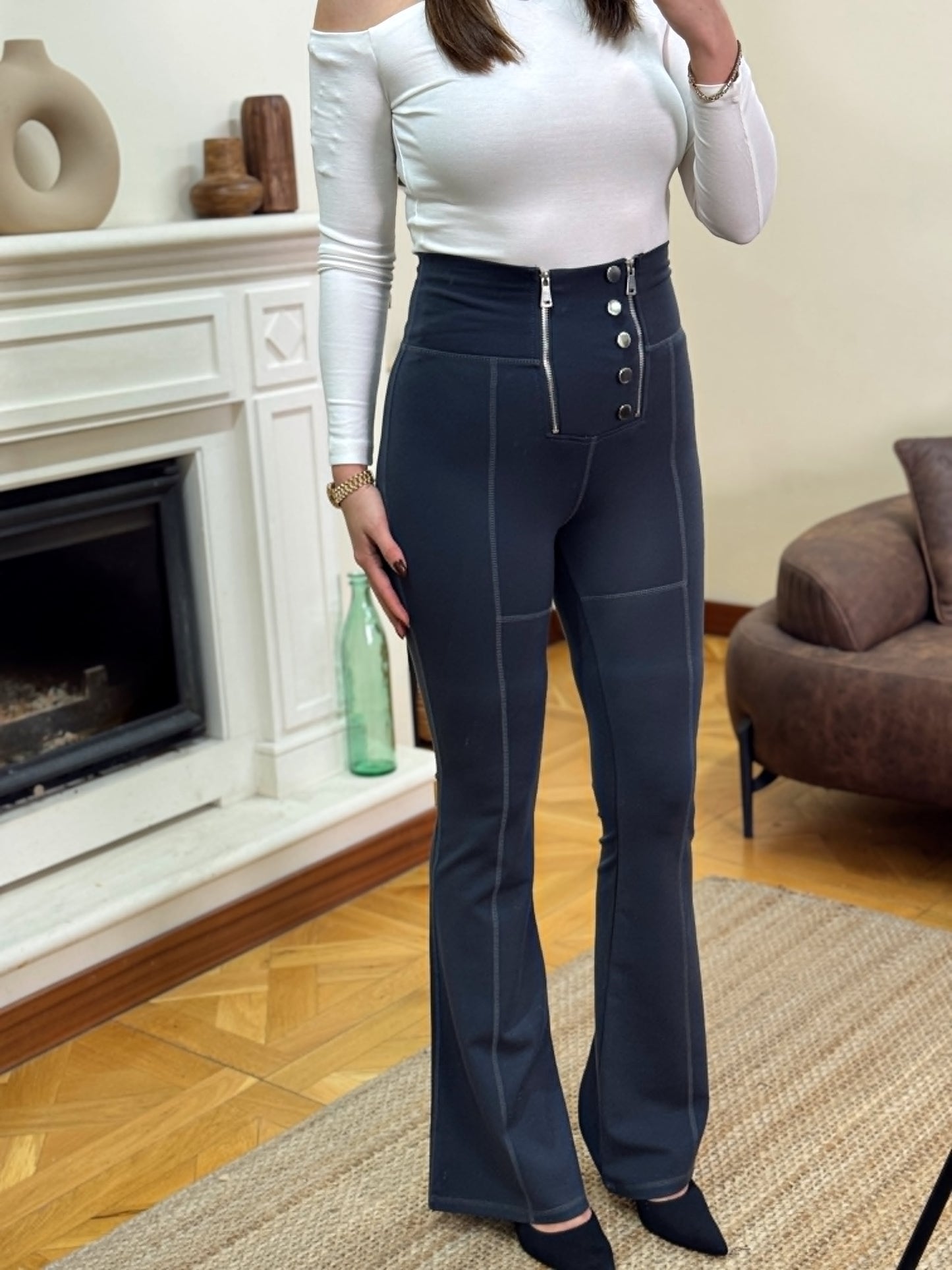 İspanyol paça çift fermuarlı tayt-FÜME