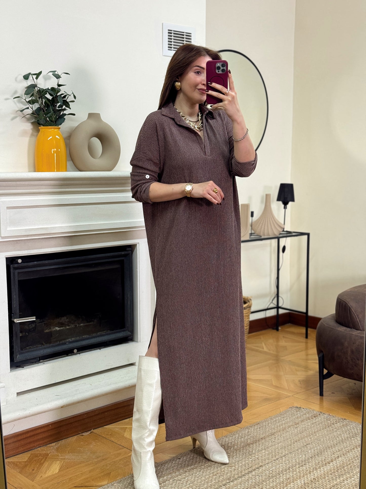 Polo yaka çift yıtmaç elbise-KAHVERENGİ