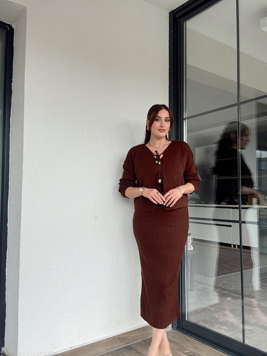 Önü Bağlama Jileli Triko Takım Kahve