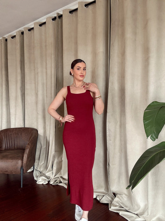Yırtmaçlı Fitilli modal kumaş askılı elbise BORDO