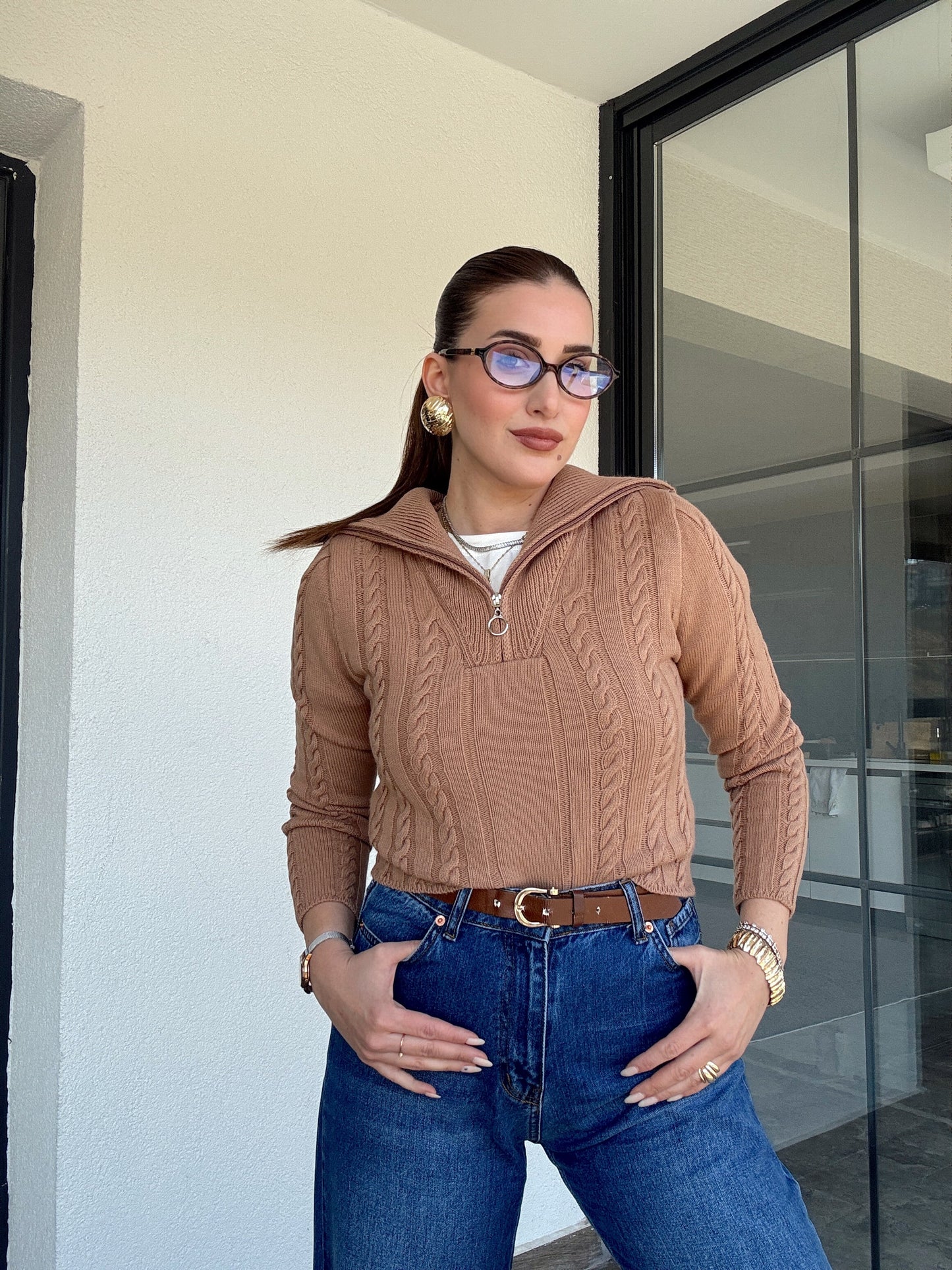 Saç Örgü Fermuarlı Spor Bluz - CAMEL