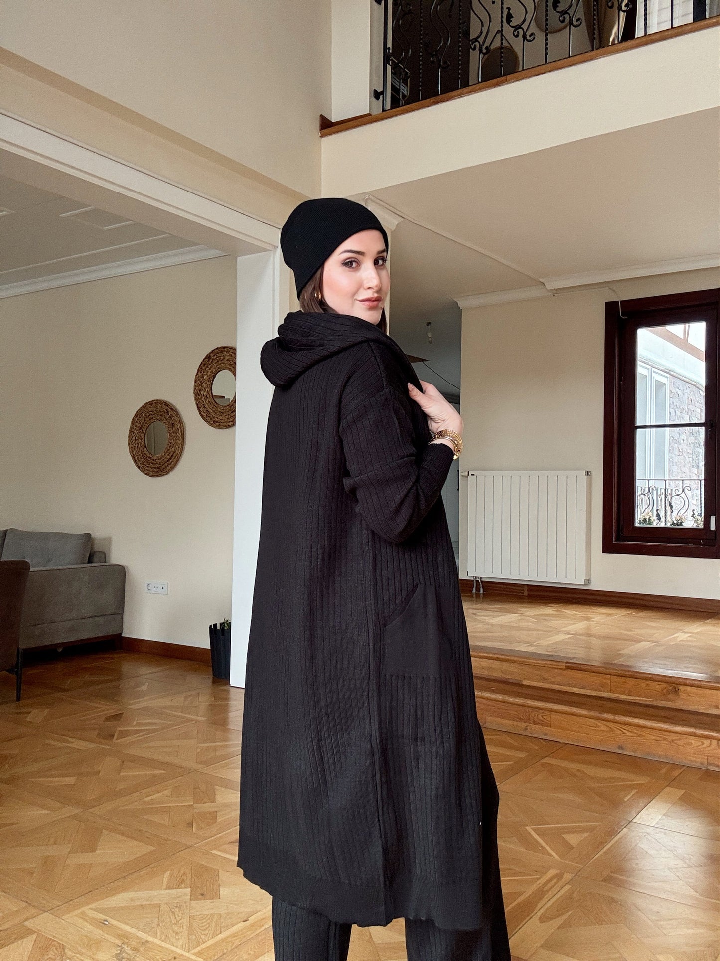 Düğmeli kapüşonlu pantolonlu takım-SİYAH