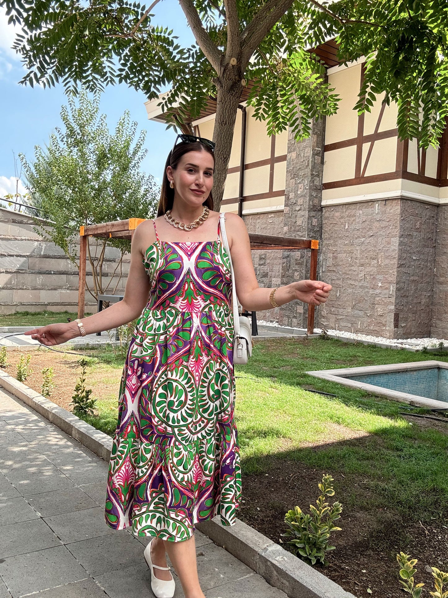 Askılı Desenli Elbise - MOR