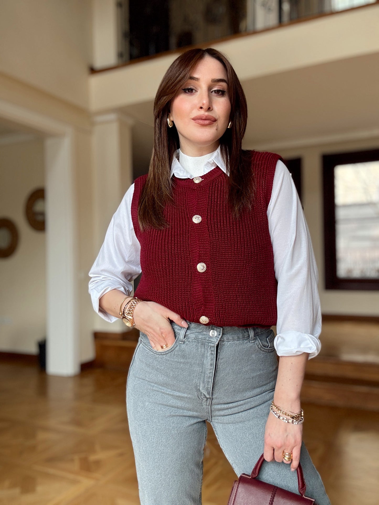 Gold düğme detaylı Süveter Bordo
