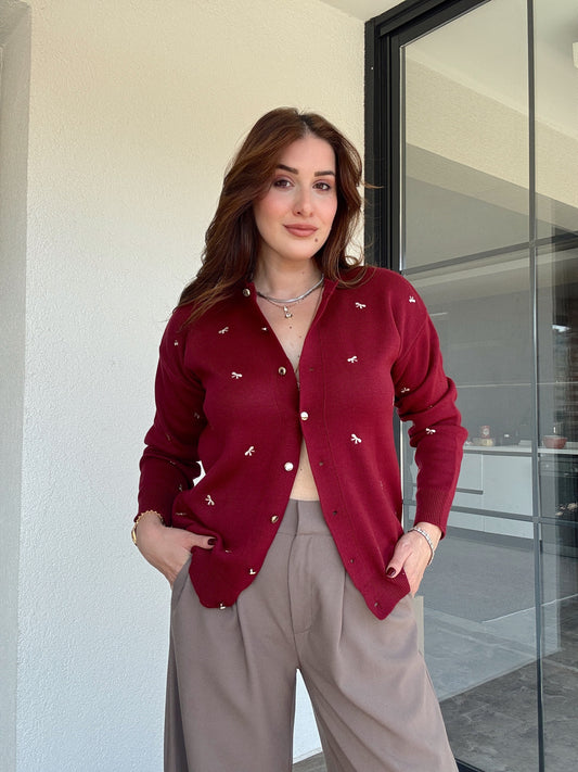 Kurdele nakış işlemeli hırka BORDO