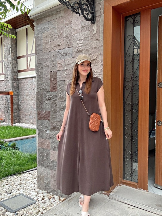 Polo yaka yıkamalı modal kumaş salaş elbise KAHVERENGİ