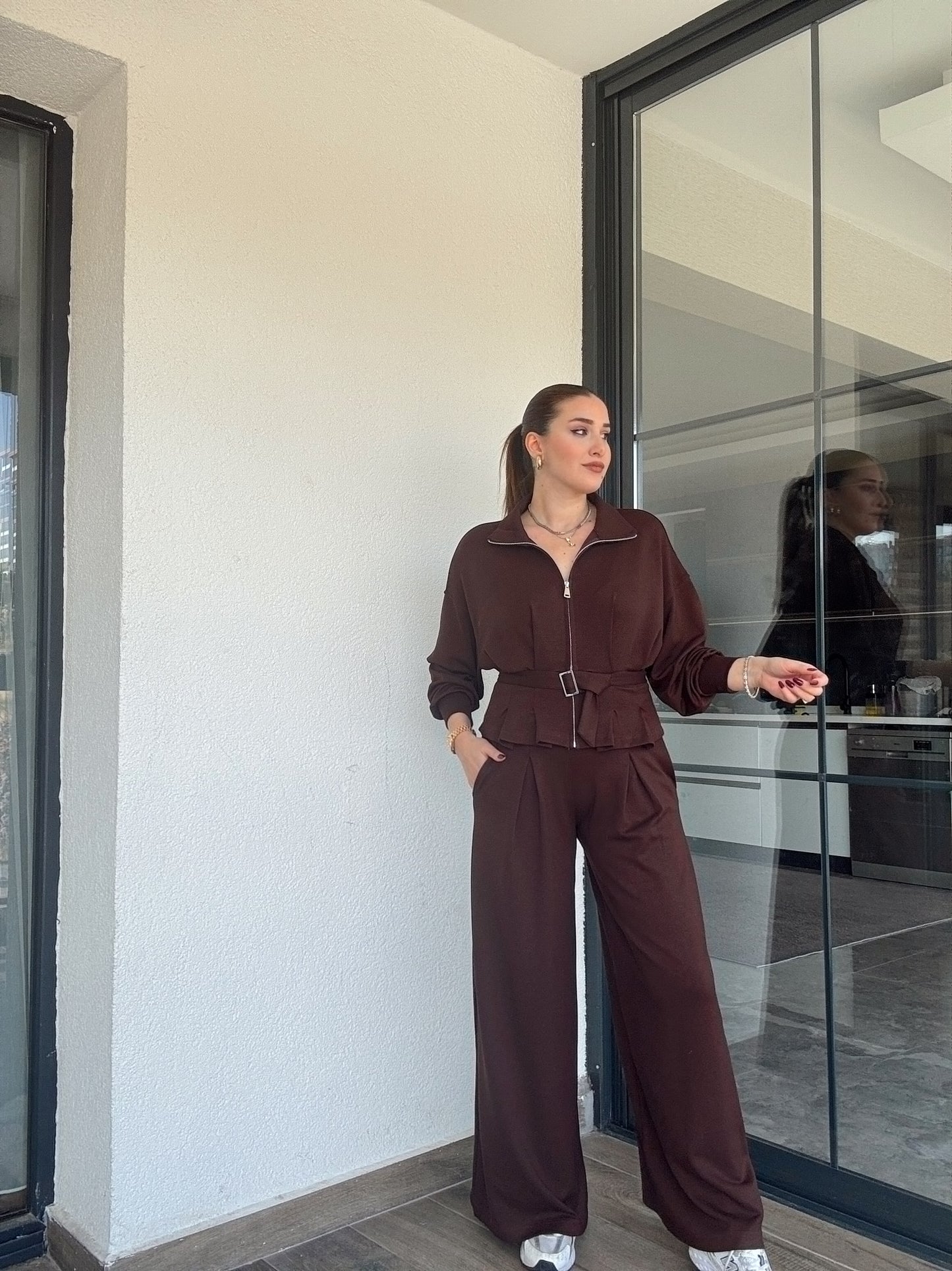 Modal kumaş dik yaka etek pileli ceket pantolon takım-KAHVERENGİ