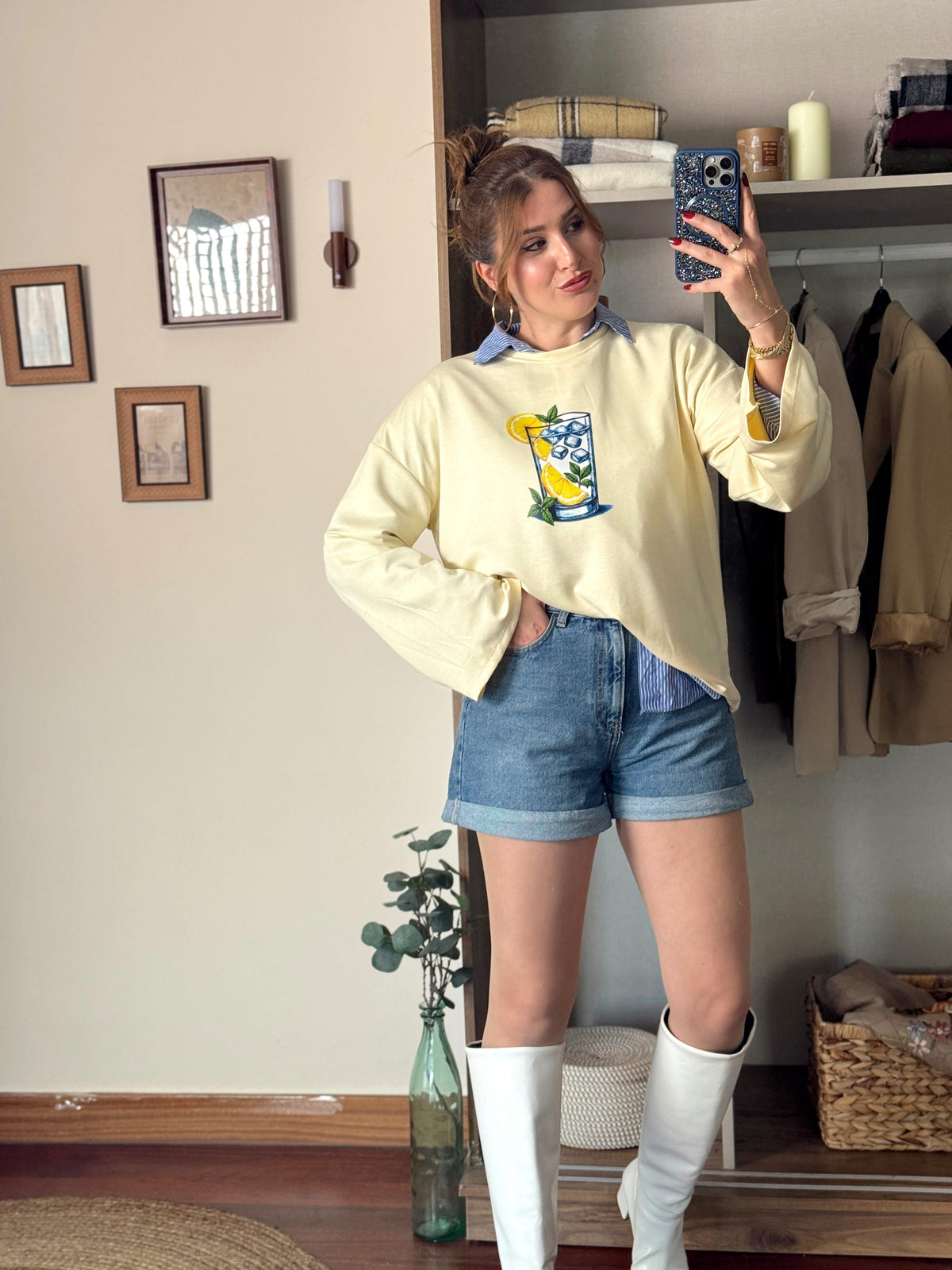 Limon buzlu bardak baskılı oversize modal sweat Sarı