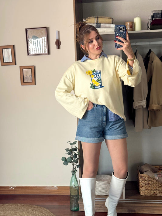 Limon buzlu bardak baskılı oversize modal sweat Sarı