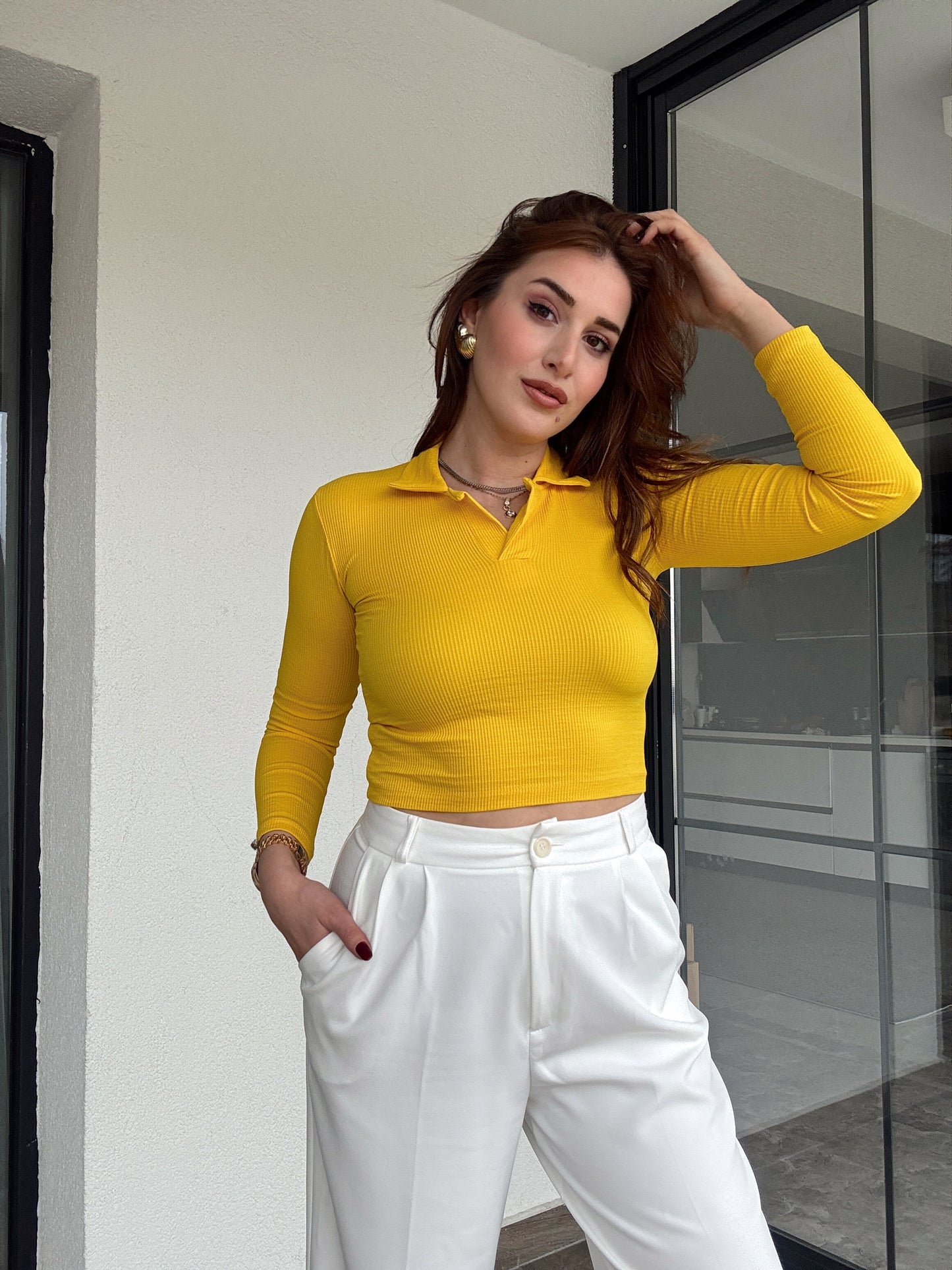 Polo yaka fitilli basic crop bluz-SARI