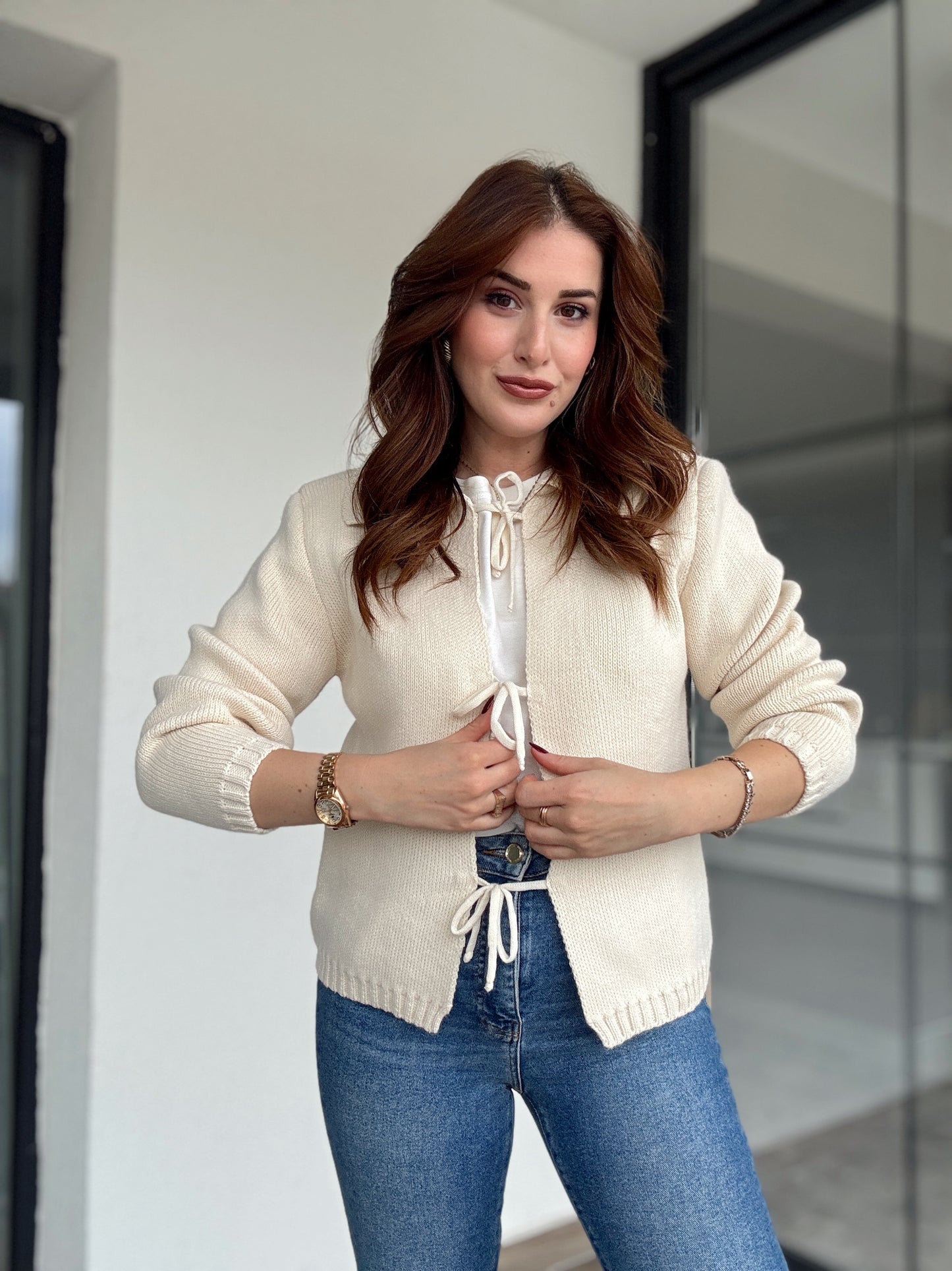 Bağcıklı triko ceket-LATTE