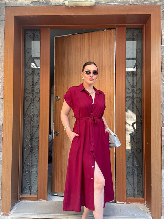 Polo yaka kemerli düğmeli viskon elbise MÜRDÜM