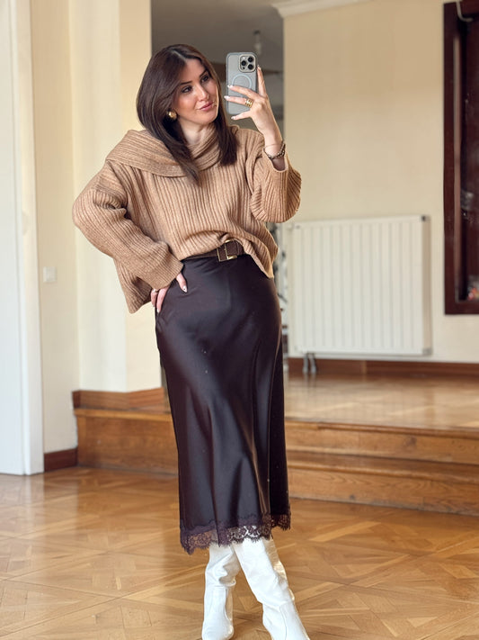 Dantelli Saten Etek-KAHVERENGİ