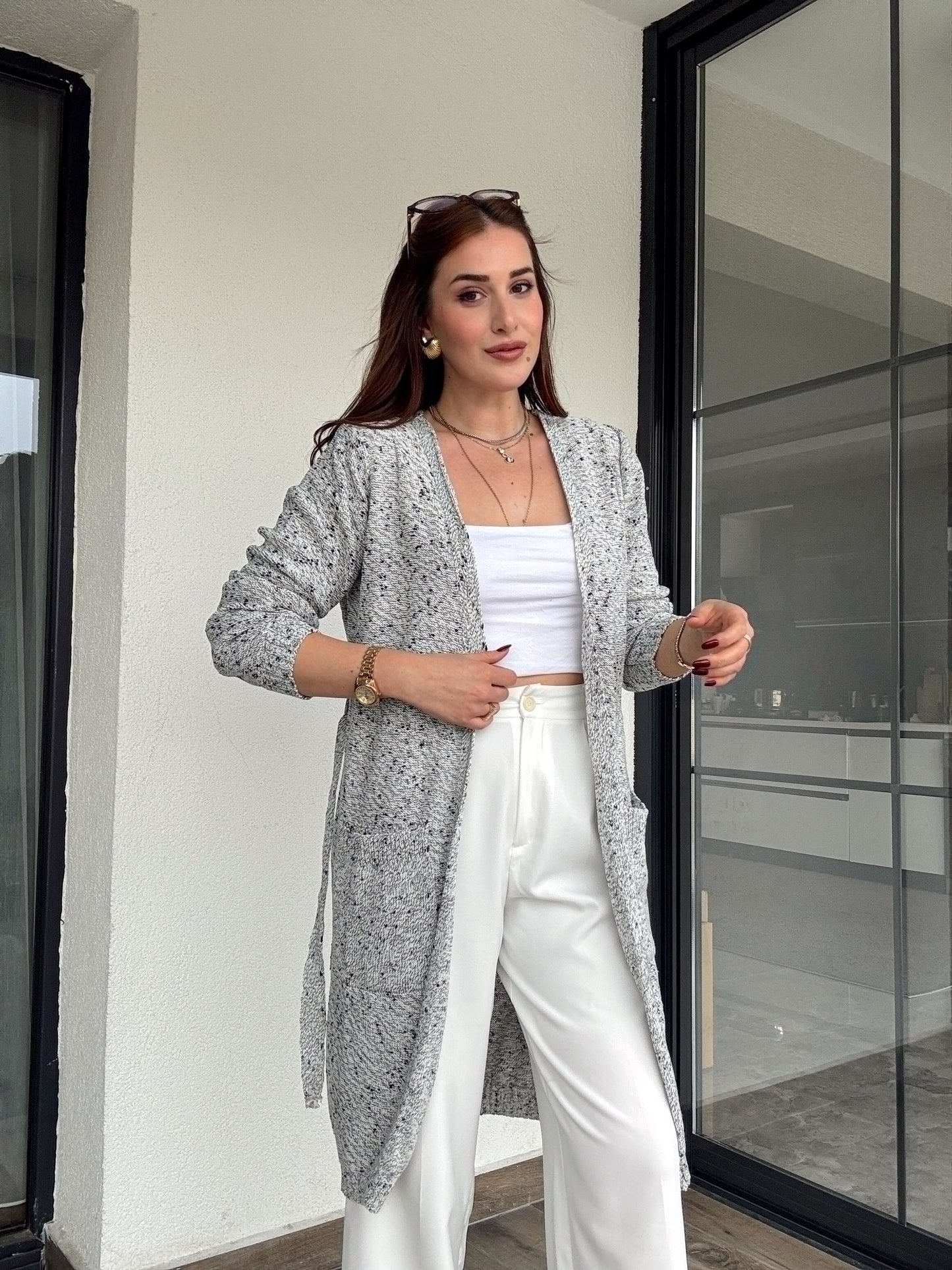 Bel kemer detaylı karışımlı ceket-GRİ