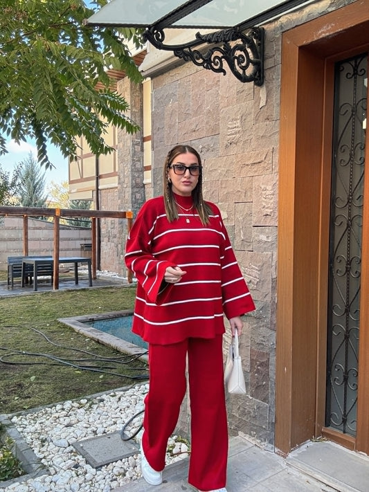 Çizgili Yarım Balıkçı Pantolonlu Takım KIRMIZI