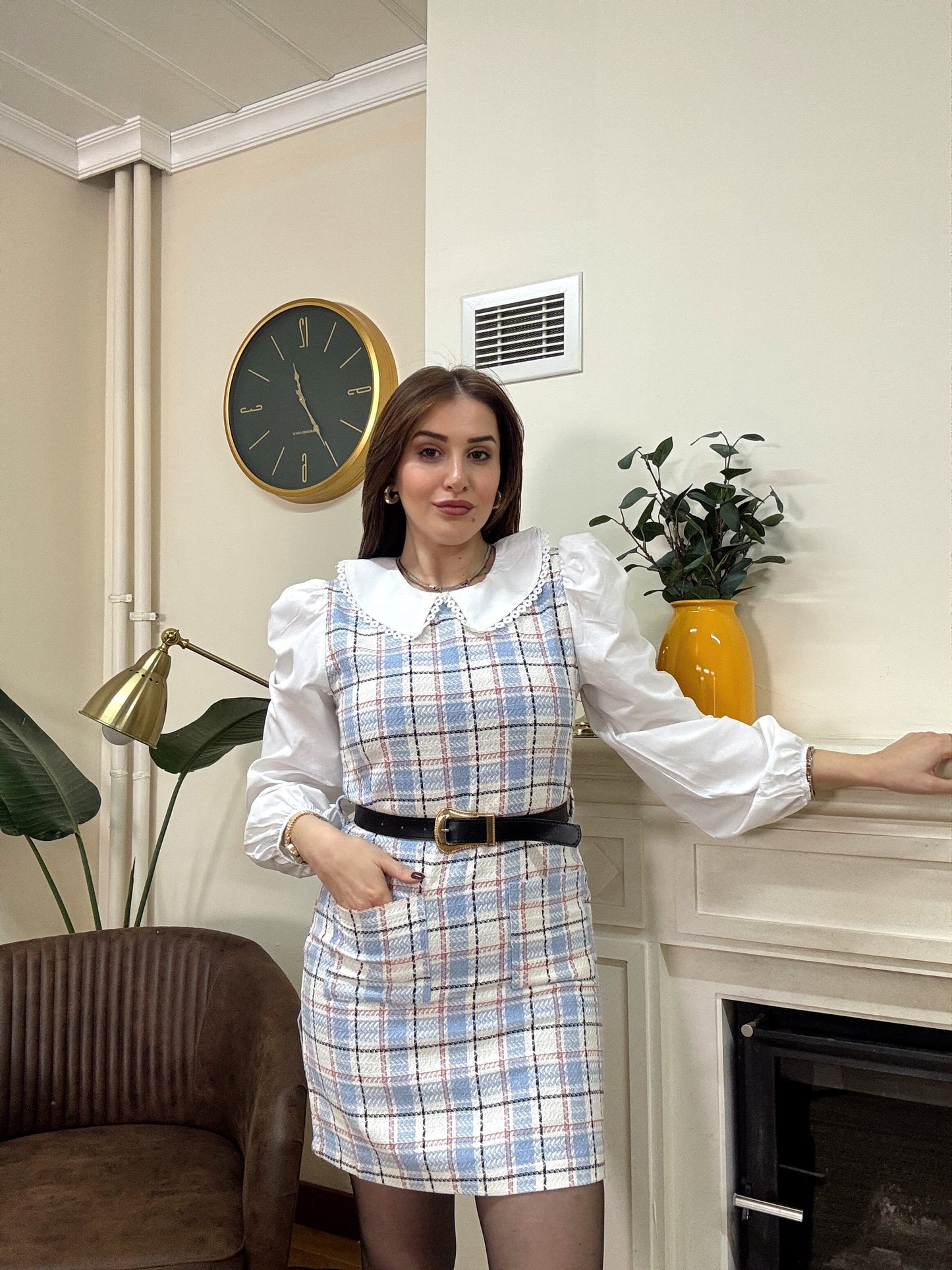 MOLLY ekose bebe yaka elbise-MAVİ