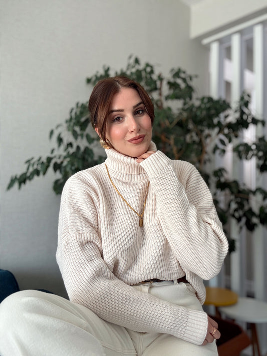 Balıkçı Yaka Selanik Örgü Kazak LATTE