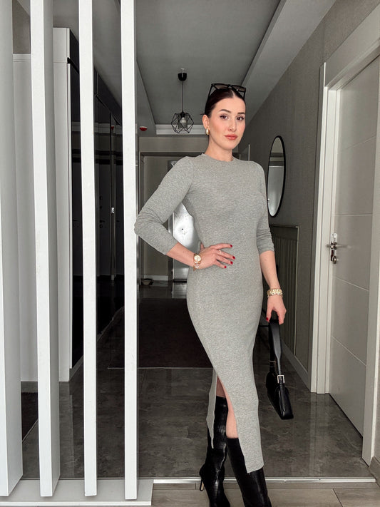 Bisiklet Yaka Yırtmaçlı Elbise - GRİ