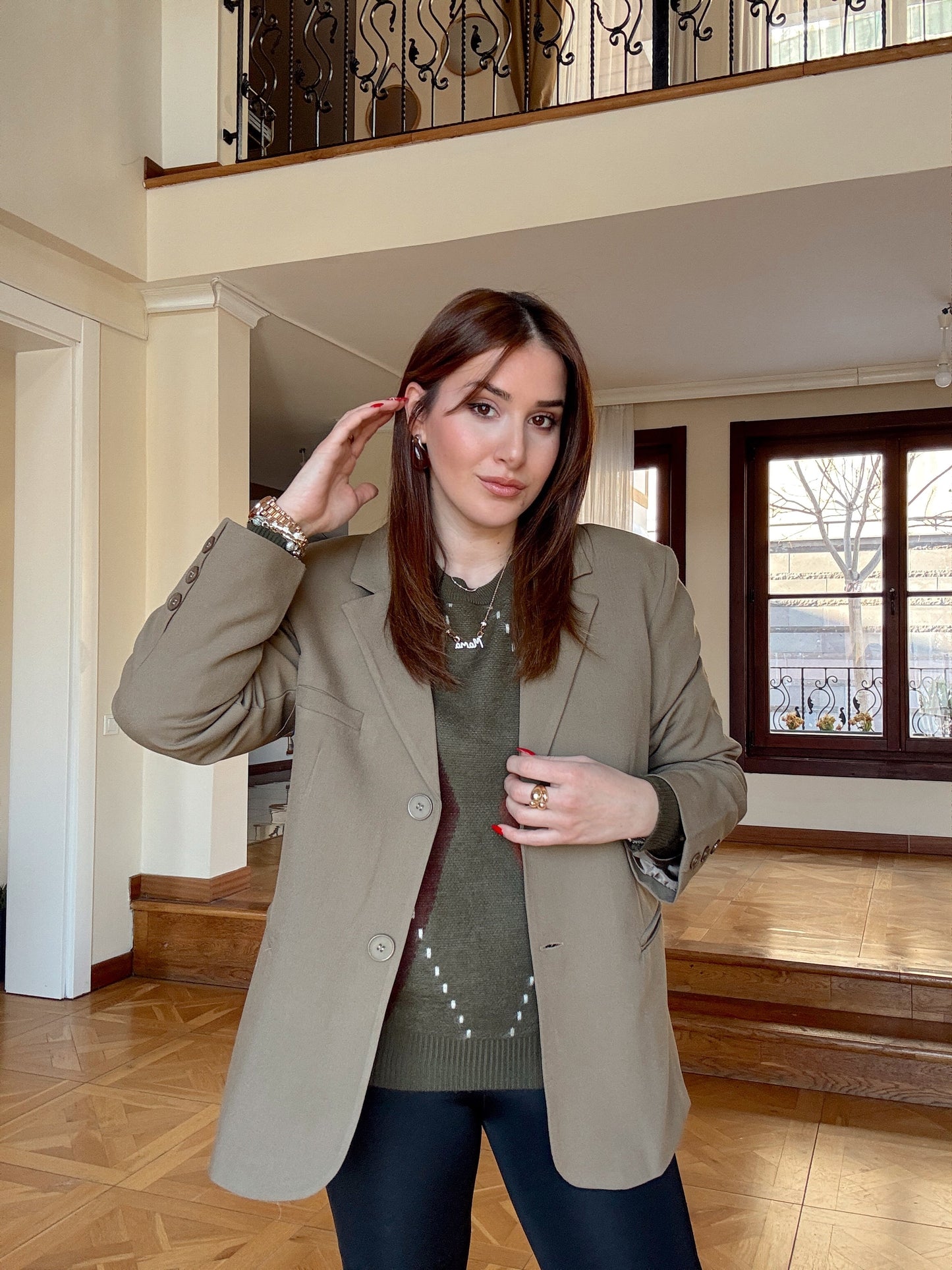 Çift düğme astarlı oversize blazer ceket-HAKİ