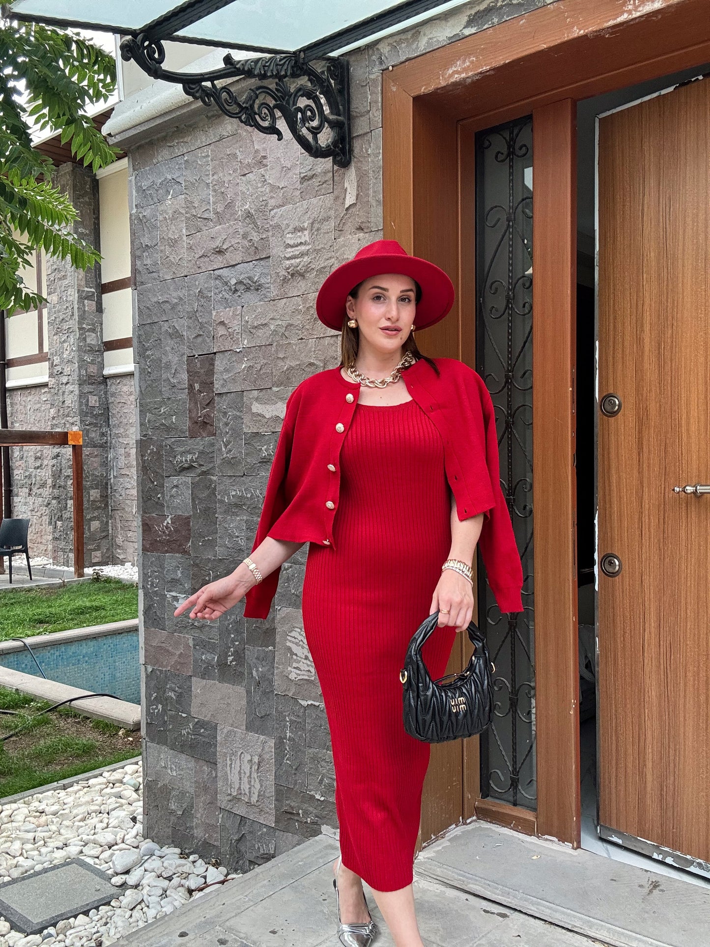 Ceketli Elbiseli Triko Takım - KIRMIZI