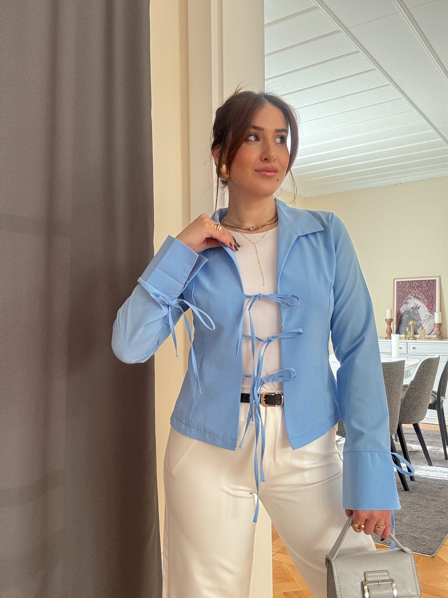 Bağlama Detaylı Bluz-MAVİ