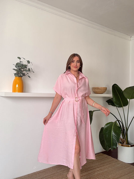 Bel kemerli gold tokalı düğmeli elbise PEMBE