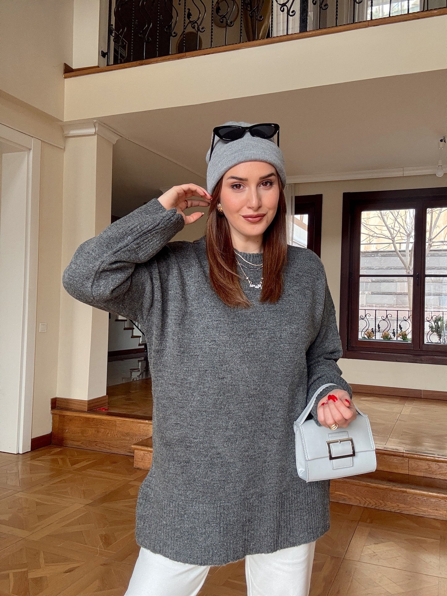 Yumoş sıfır yaka salaş kazak-ANTRASİT