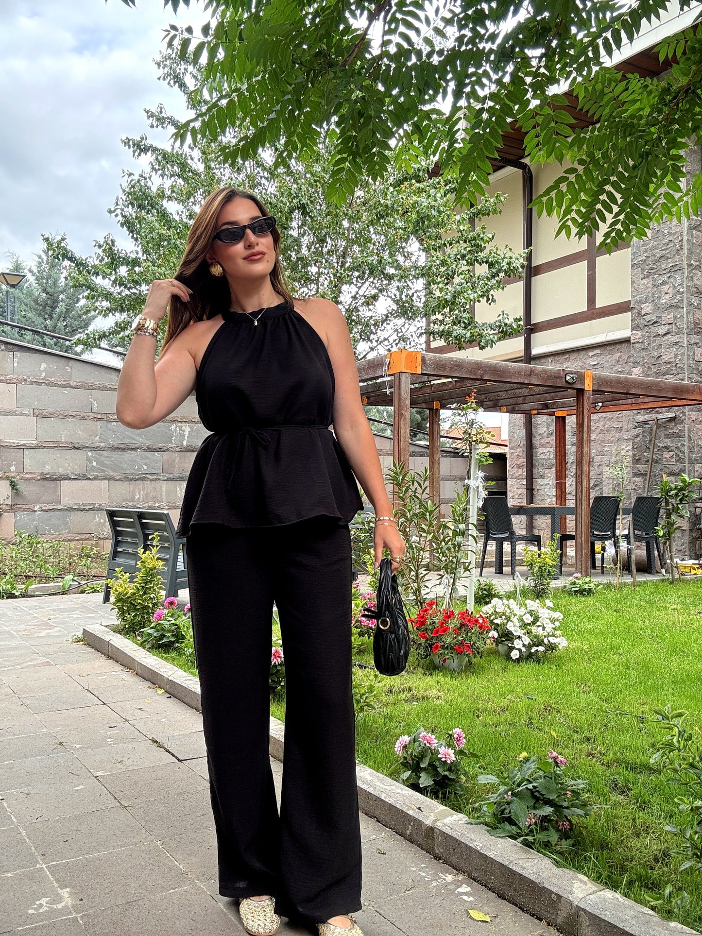 Boyun detaylı keten takım Siyah