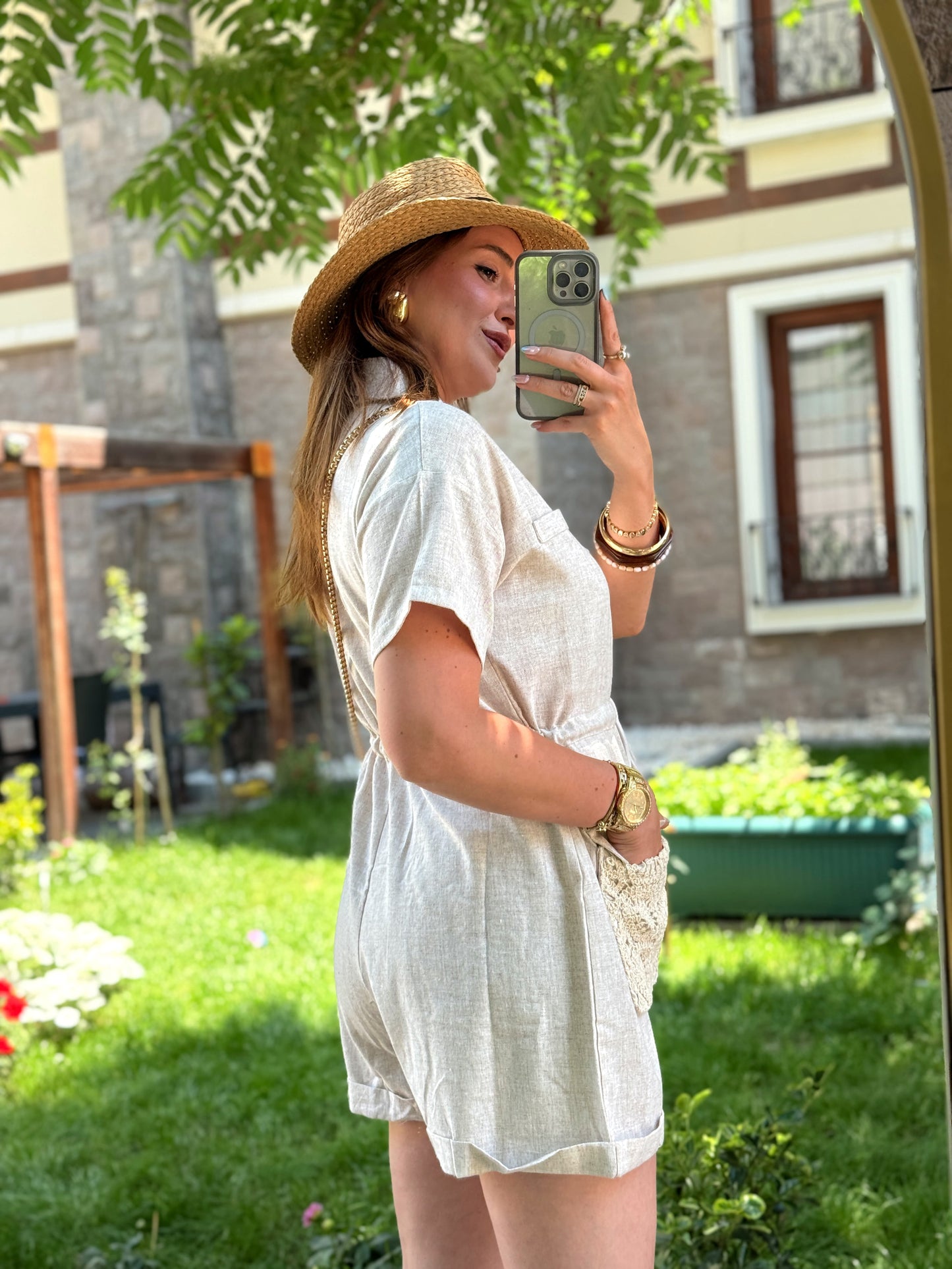 Güpür cep detaylı keten tulum Taş