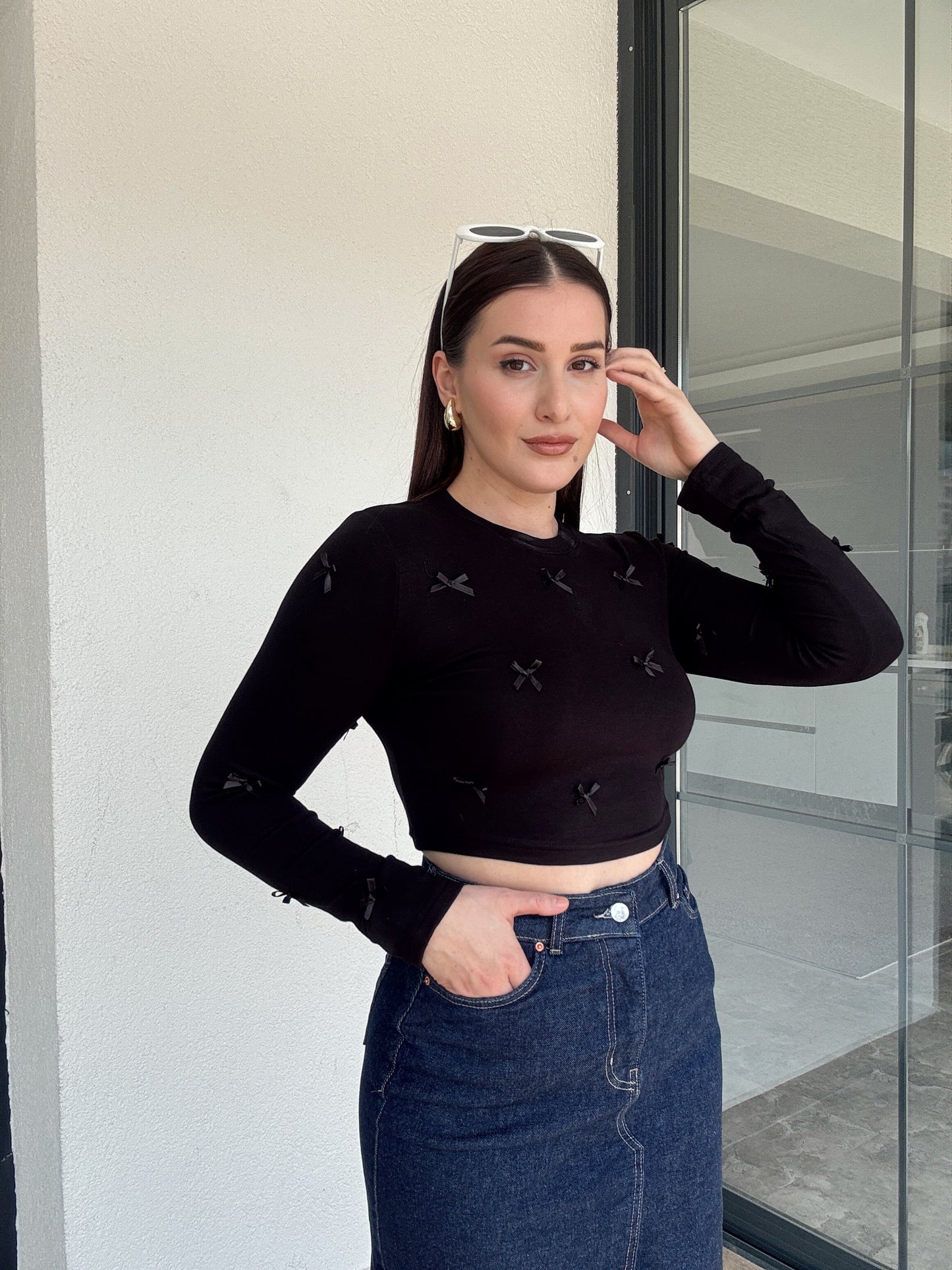 Fiyonklu Crop Bluz SİYAH