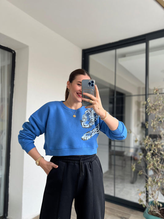 Leopar Baskı Crop Sweat KLS344 MAVİ