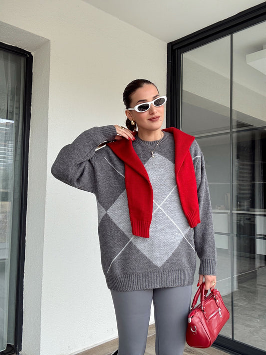 Klasik baklava desenli kazak GRİ