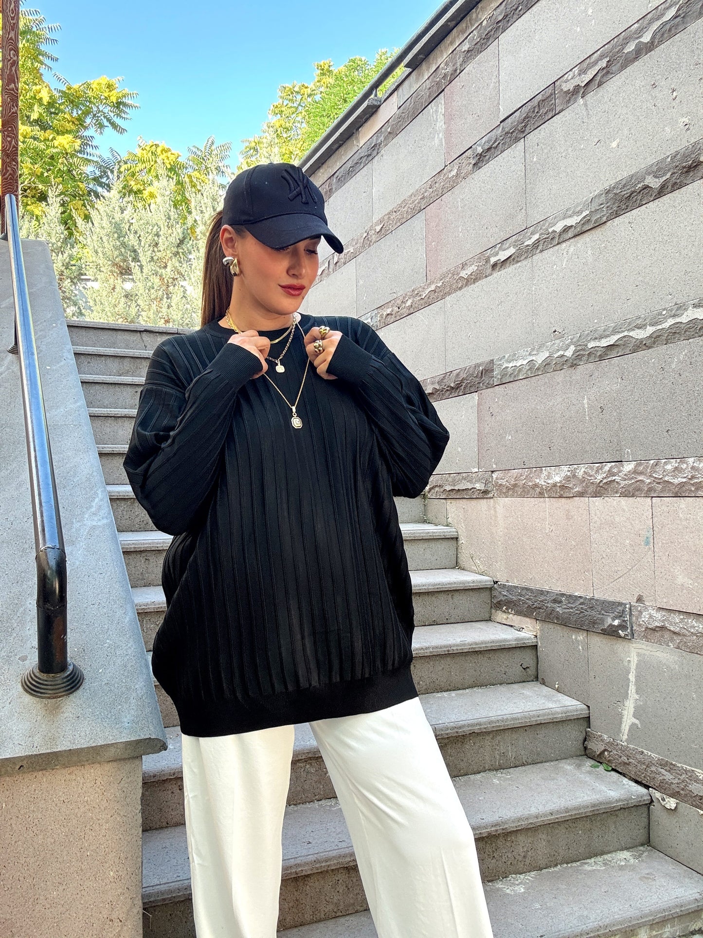 Şerit detaylı oversize premium kazak Siyah