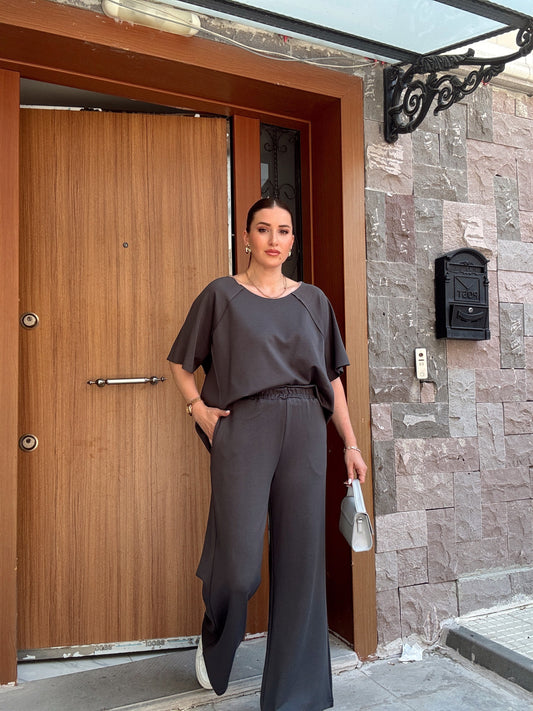 Kayık yaka lazer kesim modal takım ANTRASİT
