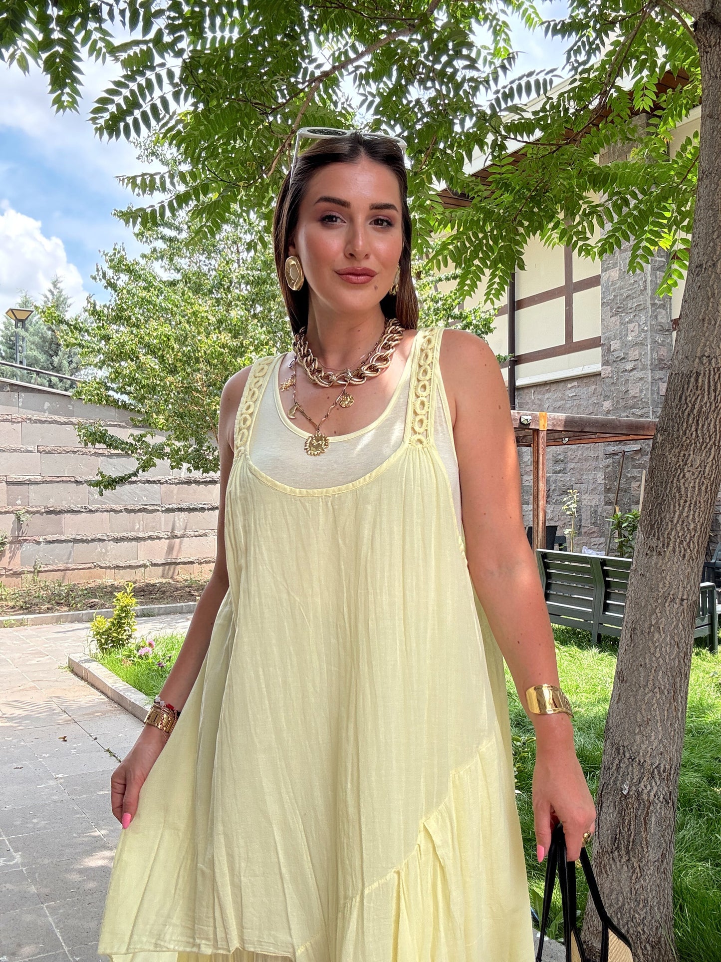 Askı Halka işlemeli Uzun Elbise Sarı