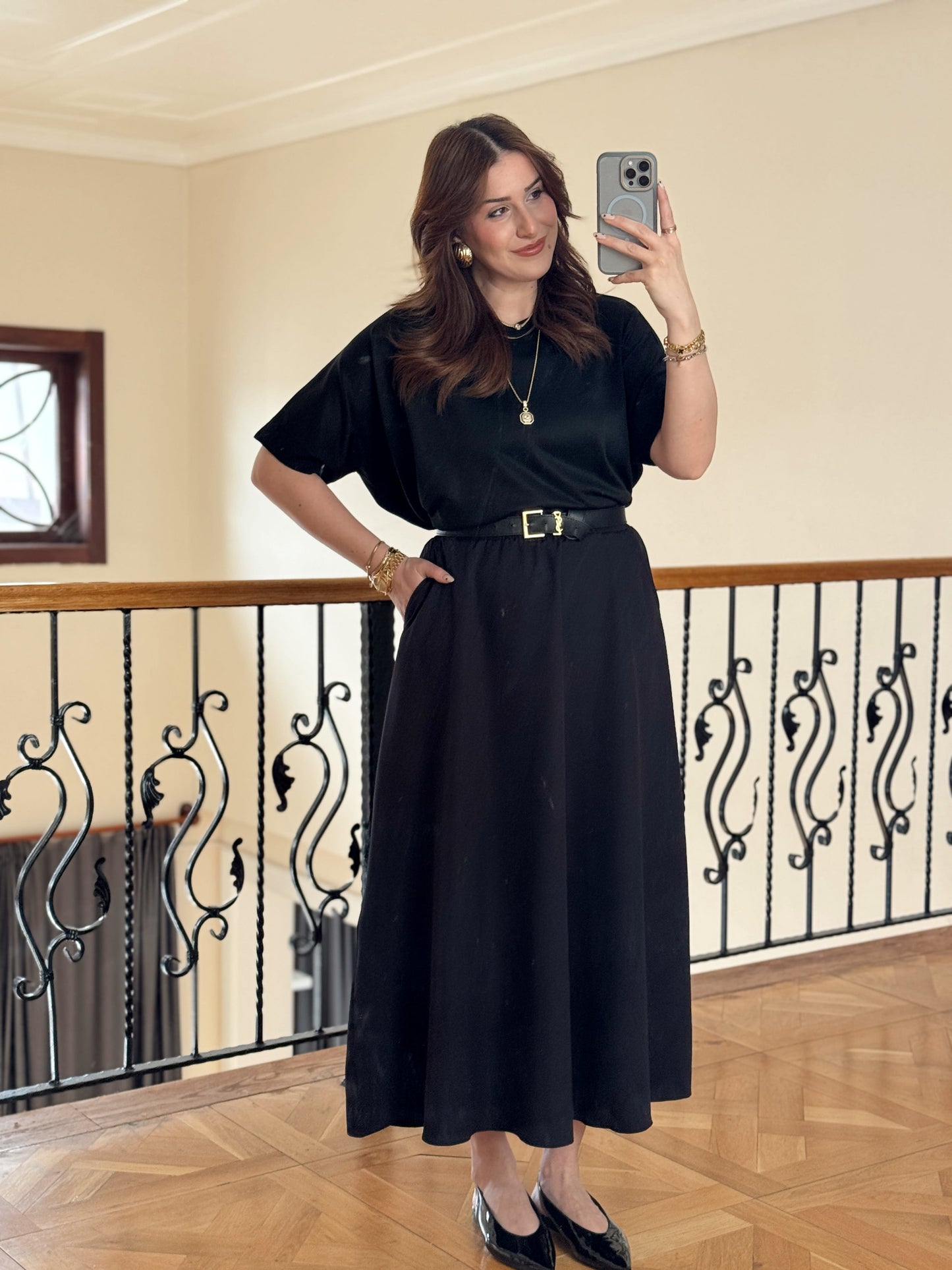 Double Yanı Cepli Etek-SİYAH