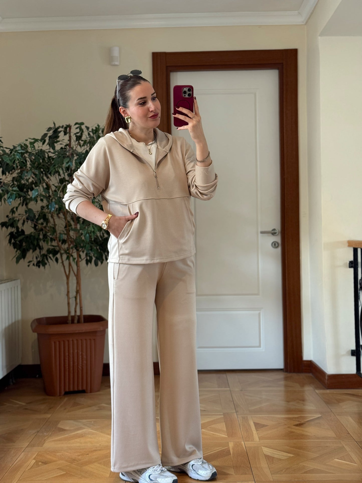 MODAL KUMAŞ KANGURU CEP YARIM FERMUAR TAKIM-TAŞ