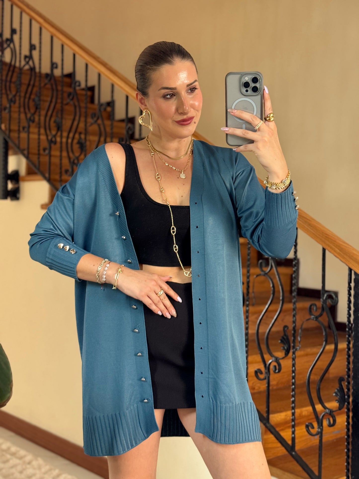 Düz basic uzun hırka indigo