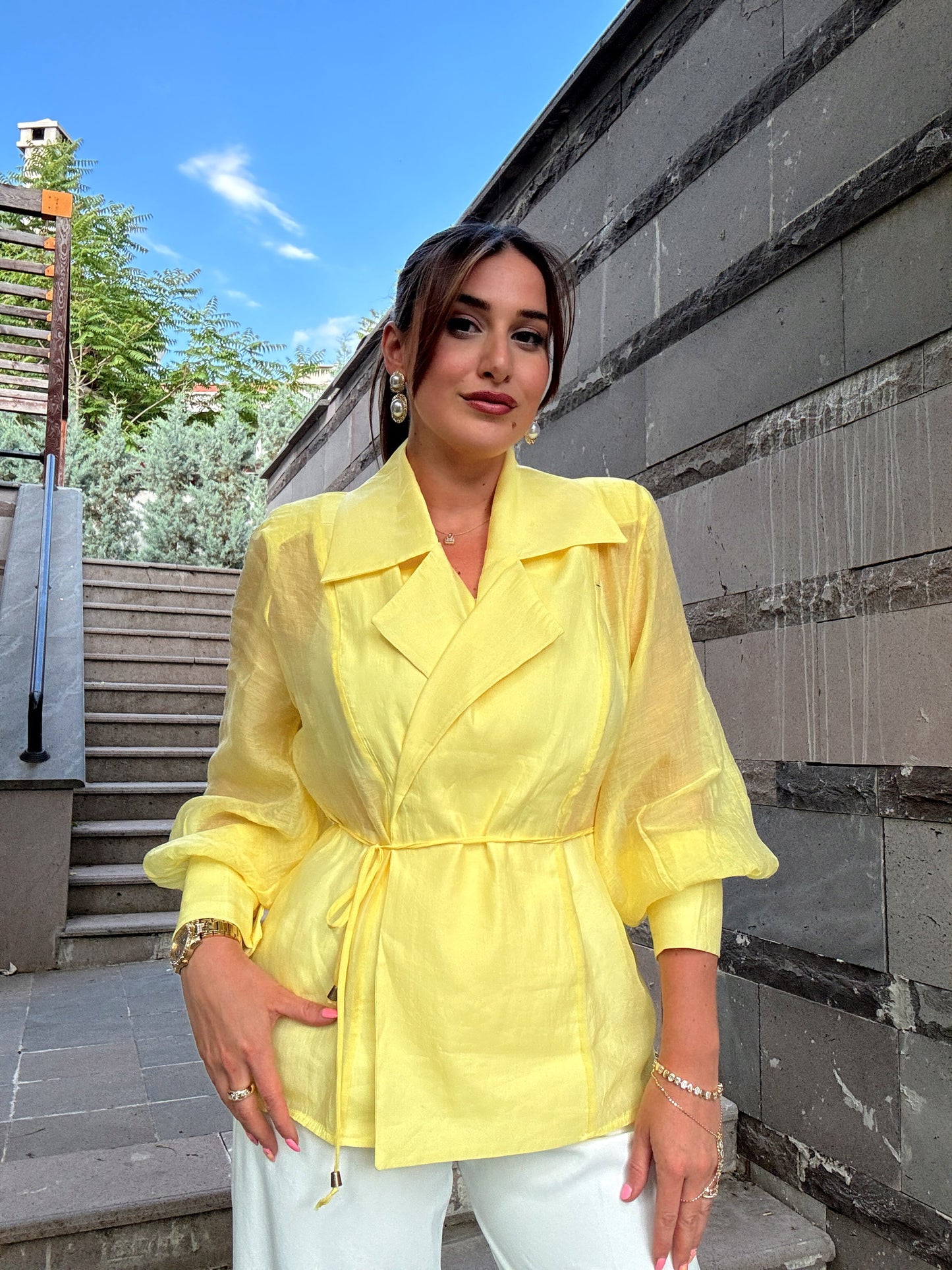 Kruvaze yaka aerobin gömlek ceket Sarı